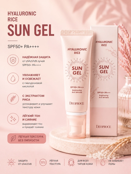 Deoproce Hyaluronic Rice солнцезащитный гель SPF50+ PA++++ 50 г - 