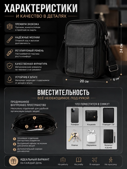 Мужская сумка барсетка через плечо, экокожа, много карманов, повседневная, черная