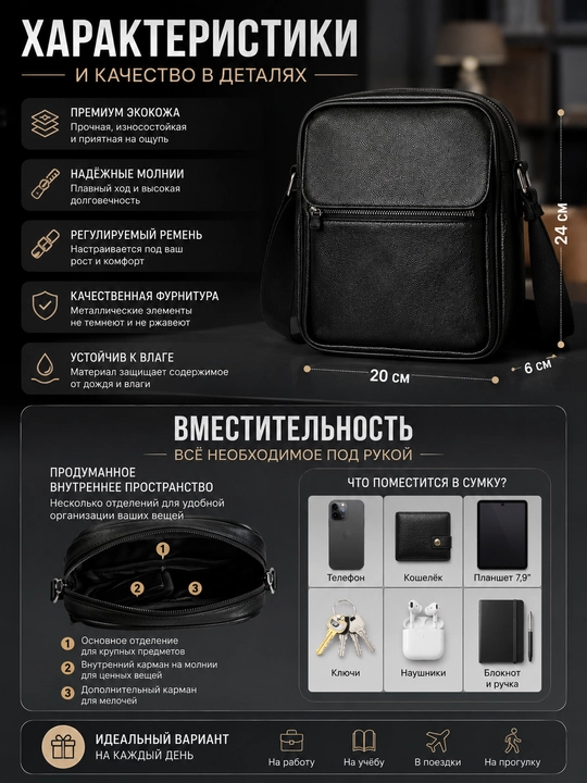 Мужская сумка барсетка через плечо, экокожа, много карманов, повседневная, черная