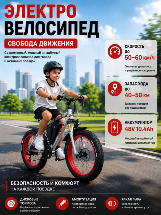 Электровелосипед с широкими шинами, дисковыми тормозами и LED фарой - 