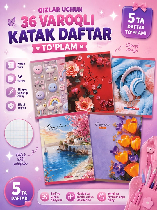 36 varoqli katak daftar – 5/10/20 talik to‘plam - 
