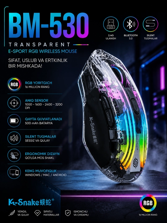 Simsiz sichqoncha Bluetooth, kompyuter va noutbuk uchun, jim, ergonomik, qulay o'yin uchun