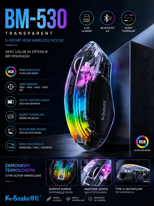 Simsiz sichqoncha Bluetooth, kompyuter va noutbuk uchun, jim, ergonomik, qulay o'yin uchun