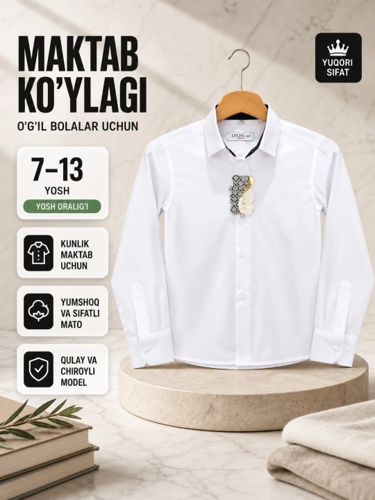 O‘g‘il bolalar uchun uzun yengli oq ko‘ylak