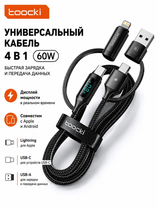 Кабель Toocki 4 в 1 USB-A / USB-C / Lightning, 60 Вт, с дисплеем мощности