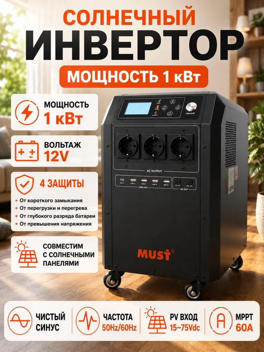 MUST 1 kVt quyosh invertori, 12V,  Ko‘p funksiyali UPS, zaryadlash stansiyasi - 