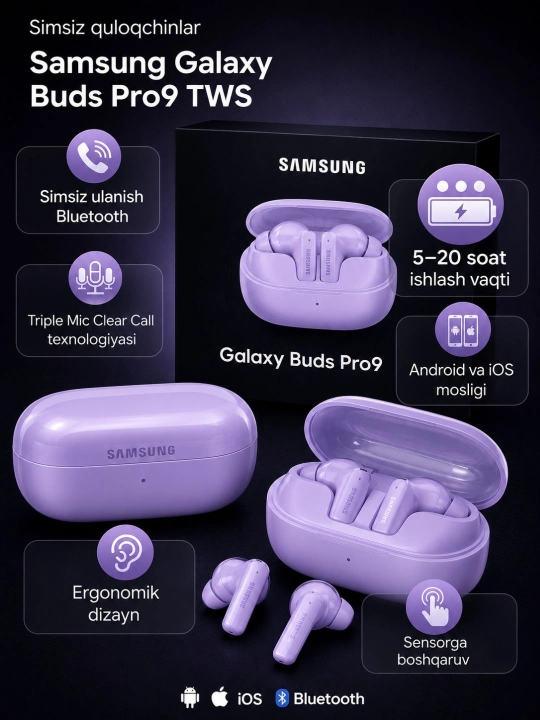 Samsung Galaxy Buds Pro9 simsiz quloqchinlari TWS, Bluetooth, ANC shovqinsizlantirish - 