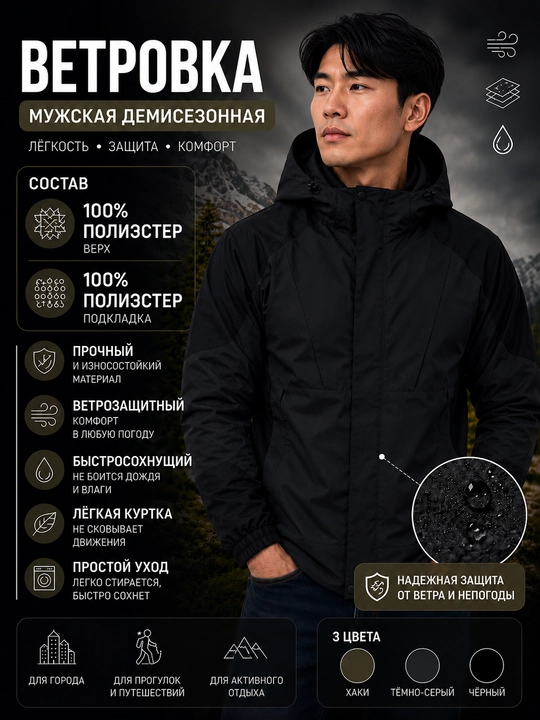 Erkaklar yelkaposhi, mavsumiy, kapyushonli, kattaroq o‘lchamda, o‘lchami M-3XL dan boshlanadi