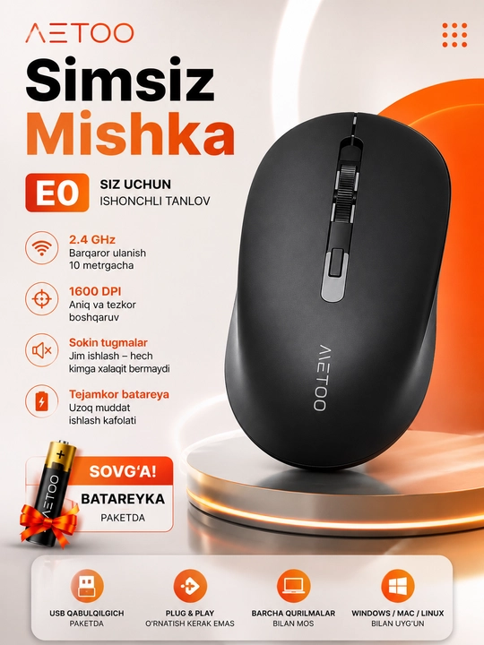 Sichqoncha simsiz va ovozsiz 2.4G va Bluetooth Metoo E0,E3,E5,M1 SERIYA