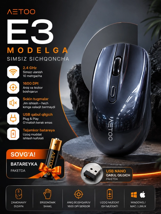 Sichqoncha simsiz va ovozsiz 2.4G va Bluetooth Metoo E0,E3,E5,M1 SERIYA - 