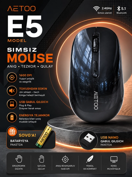 Sichqoncha simsiz va ovozsiz 2.4G va Bluetooth Metoo E0,E3,E5,M1 SERIYA