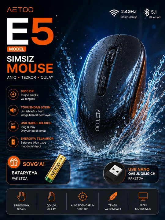 Sichqoncha simsiz va ovozsiz 2.4G va Bluetooth Metoo E0,E3,E5,M1 SERIYA