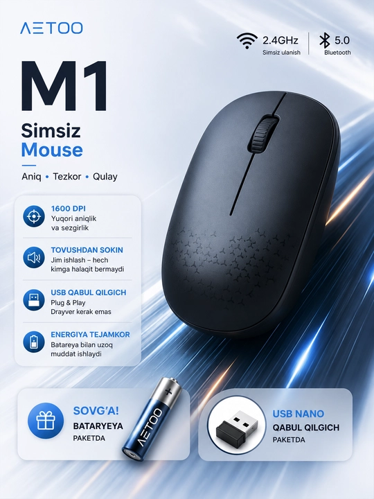 Sichqoncha simsiz va ovozsiz 2.4G va Bluetooth Metoo E0,E3,E5,M1 SERIYA