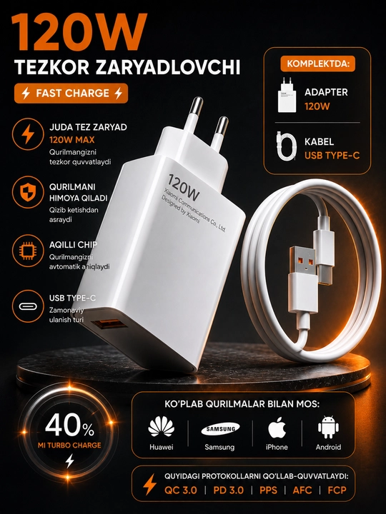 Очень быстрая зарядка 120W Турбо, мощный блок питания с кабелем Type-C - 