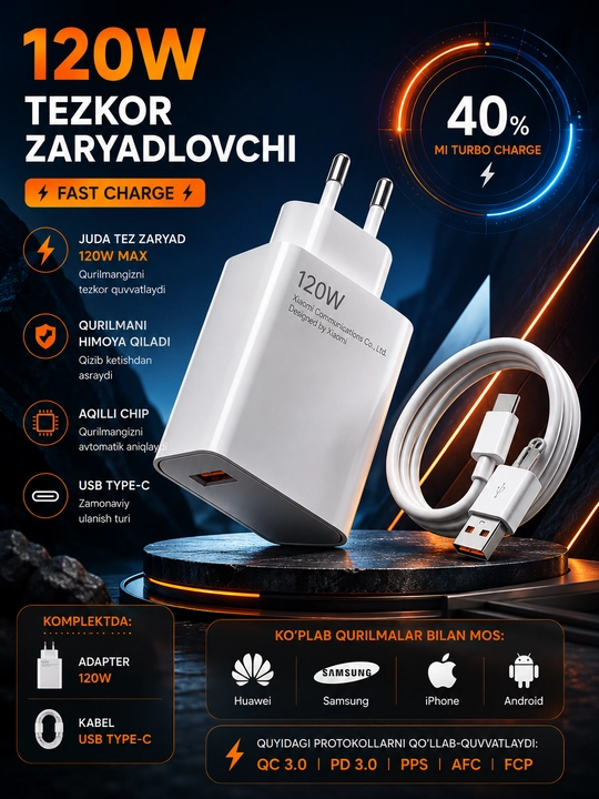 Очень быстрая зарядка 120W Турбо, мощный блок питания с кабелем Type-C
