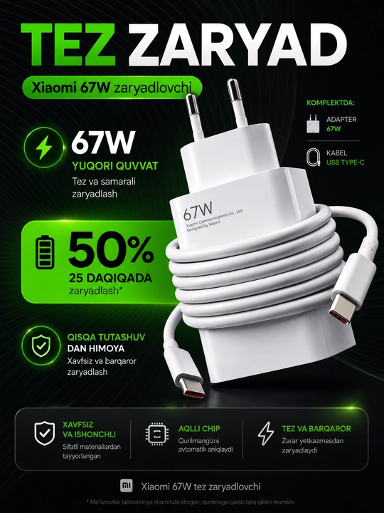 Очень быстрая зарядка 120W Турбо, мощный блок питания с кабелем Type-C - 