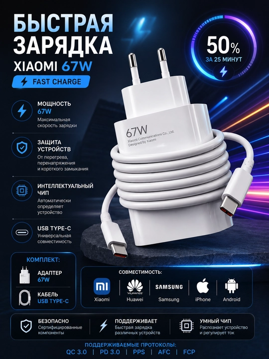 Очень быстрая зарядка 120W Турбо, мощный блок питания с кабелем Type-C