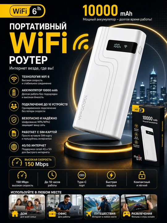 POWER BANK Mobil WiFi 6 Router 10000 mAh, 4G/5G portable modem, 10 ta qurilma - 