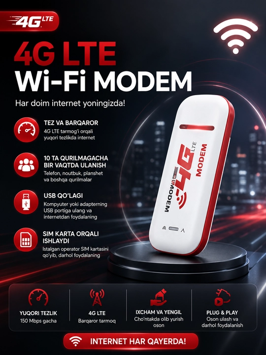 Cho'ntak Wi-Fi, router, sim kartalik wi fi router, 4G, LTE - 