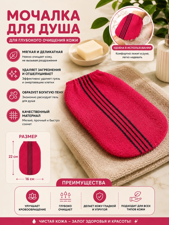 Мочалка варежка для душа мягкая банная рукавица 22×16 см - 