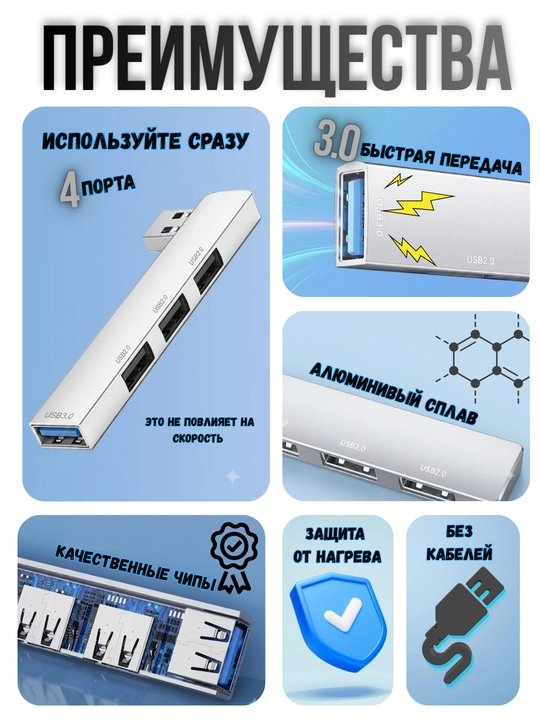 USB HUB, концентратор, 4 порта, USB порт, переходник для ноутбука, аксессуар для ноутбука