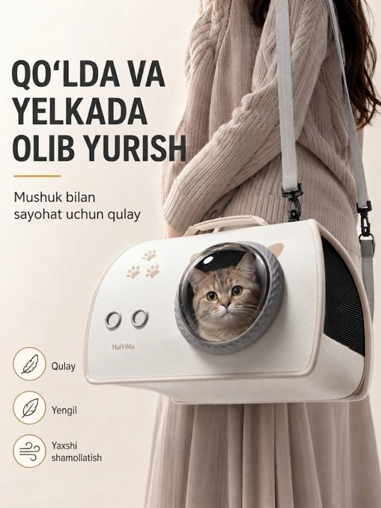 Mushuklar uchun ko‘chma sumka, panoramali deraza va ventilyatsiya bilan, sayohat ryukzagi - 