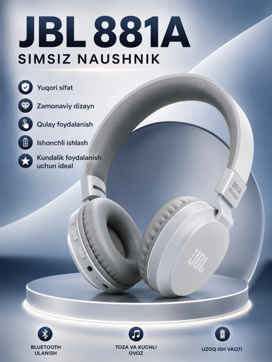 Kuchli bas va uzoq muddat xizmat qiladigan JBL 881A Bluetooth simsiz quloqchinlari - 