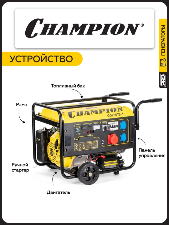 Генератор CHAMPION GG7501E-3 (PRO 400B 7,5/8,1кВтAcosФ=0,8 15лс 25л 230/12В 84,2кг)