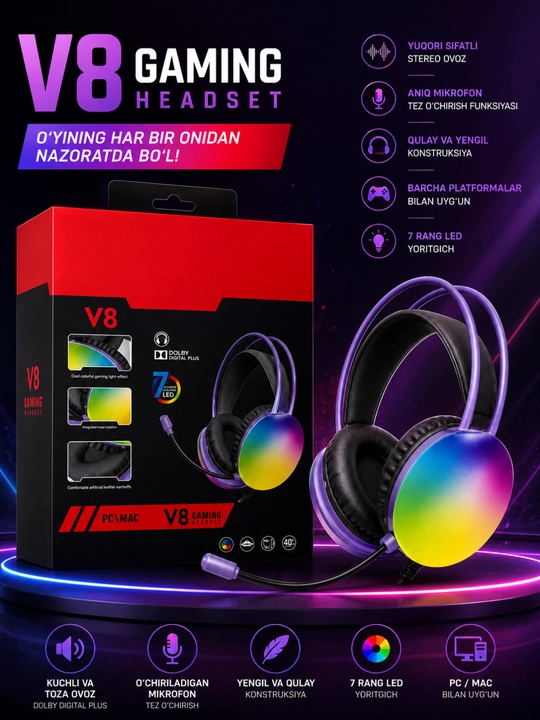Kompyuter, noutbuk va smartfon uchun RGB LED mikrofonli V8 Gaming stereo o‘yin naushniklari - 