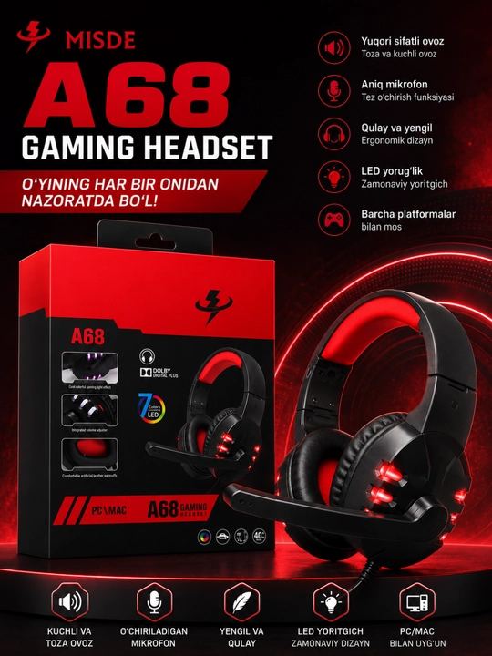 Kompyuter, noutbuk va smartfon uchun RGB LED mikrofonli A68 Gaming stereo o‘yin naushniklari - 