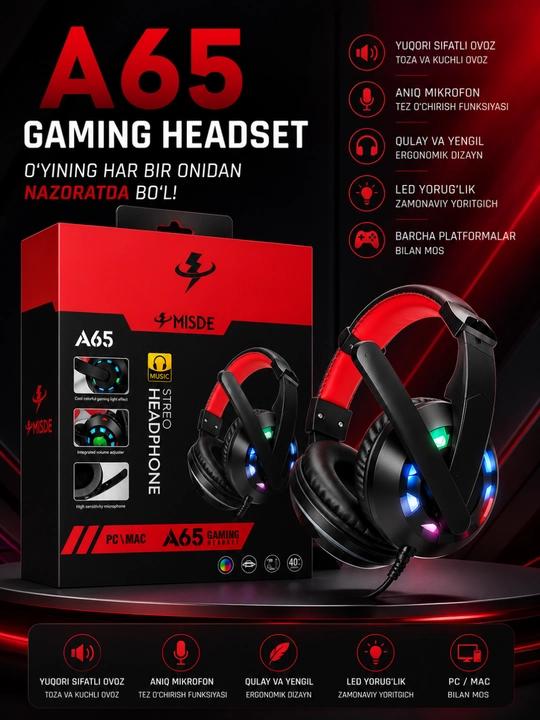 A65 gaming stereo naushnik RGB LED Mmkrofonli simli quloqchin PC, laptop va telefon uchun - 