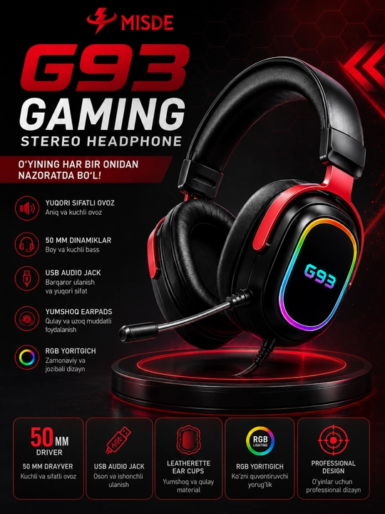 MISDE G93 Gaming Stereo Naushnik RGB Mikrofonli Simli Quloqchin PC va Mac uchun - 