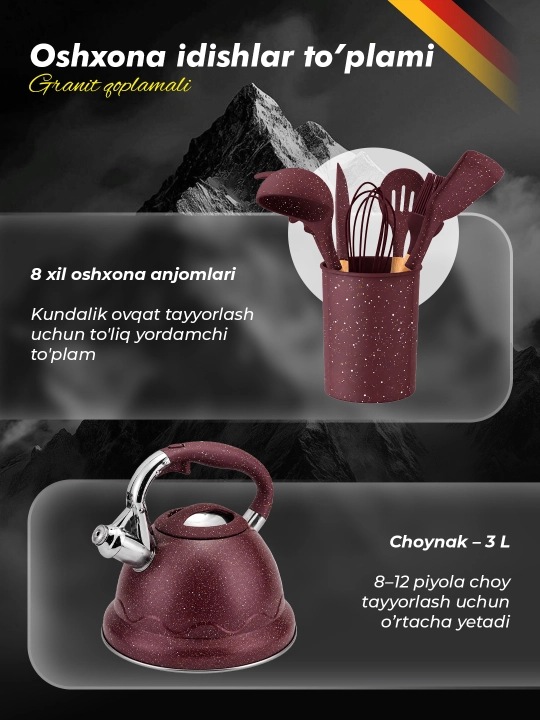 HausRoland granit qoplamali oshxona idishlari to‘plami, qozonlar, skovorodka, choynak