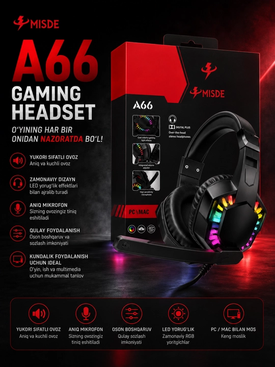 MISDE A66 Gaming Stereo Naushnik RGB Mikrofonli Simli Quloqchin PC va Mac uchun - 