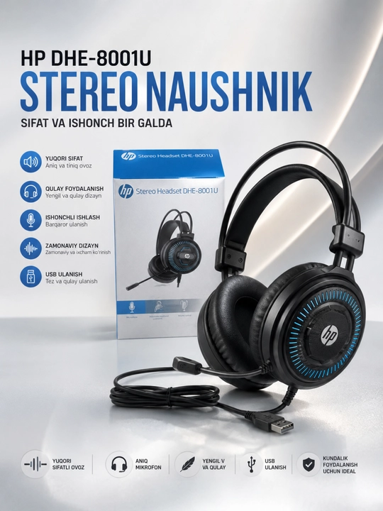 Hp stereo headset dhe-8001u usb mikrofonli quloqchin kompyuter va noutbuk uchun qora - 
