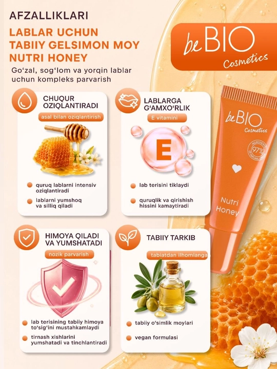 BeBIO Nutri Honey lab uchun jel moyi 10 ml