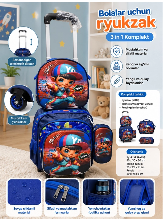 Maktab ryukzagi, bolalar ryukzagi, maktab sumkasi, maktab anjomlari, ta'lim - 
