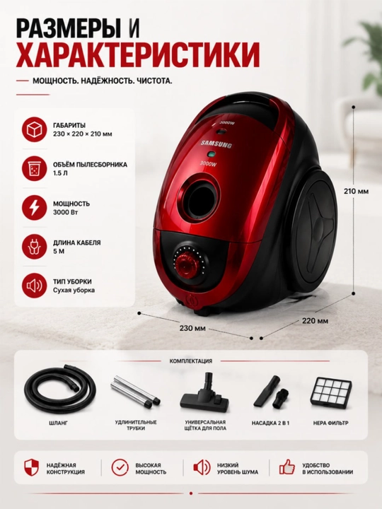 Samsung Premium Power 3000W, мощный пылесос с мешком, HEPA фильтр, 1.5 л кабель, 5 м