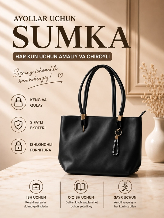 Ayollar sumkasi yelkama, ish va o'qish uchun A4, yumshoq, sig'imli, shopper, ekocharm - 