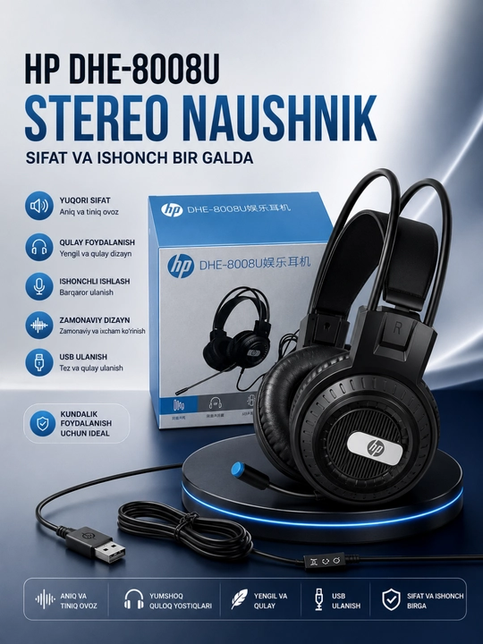 HP Stereo Headset DHE-8008U USB Kompyuter va noutbuk uchun mikrofonli simli garnitura - 