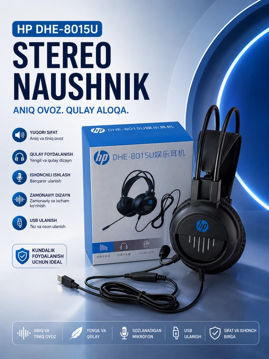 Hp dhe-8015u usb mikrofonli simli stereo quloqchin, kompyuter va noutbuk uchun qora - 