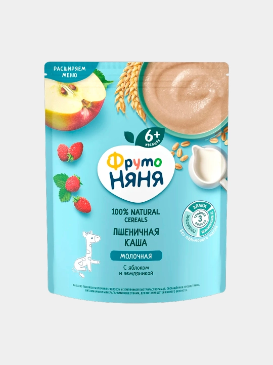 Каша из пшеницы молочная с яблоком и земляникой ФрутоНяня, 190 г - 