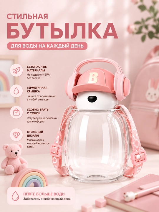 Детская бутылочка для воды с ремешком и трубочкой, 550 мл