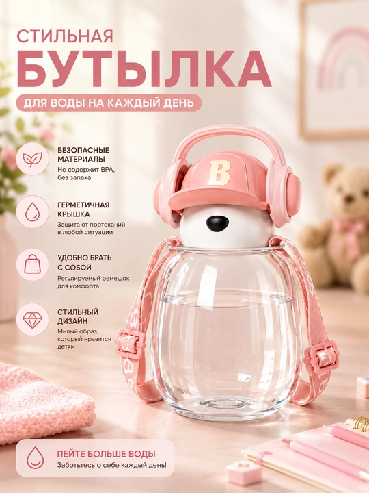 Детская бутылочка для воды с ремешком и трубочкой, 550 мл
