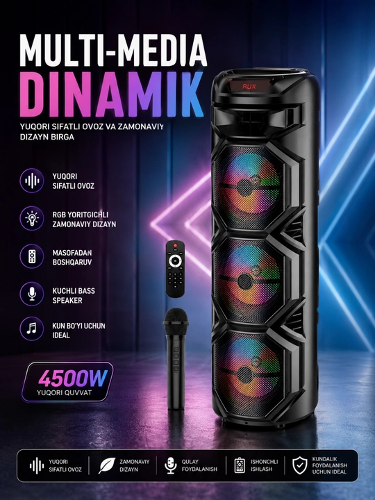 Ko‘p funksiyali Bluetooth karaoke kolonkasi RGB LED, simsiz mikrofon va pult bilan - 