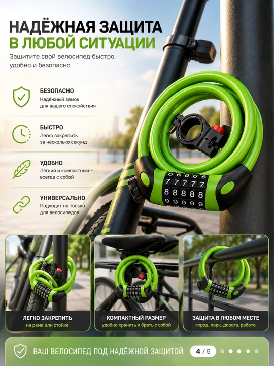 Velosiped qulfi kodli, 5 raqamli, spiral kabel va rama ushlagichi bilan