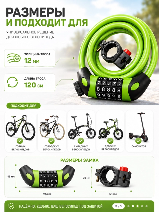 Velosiped qulfi kodli, 5 raqamli, spiral kabel va rama ushlagichi bilan