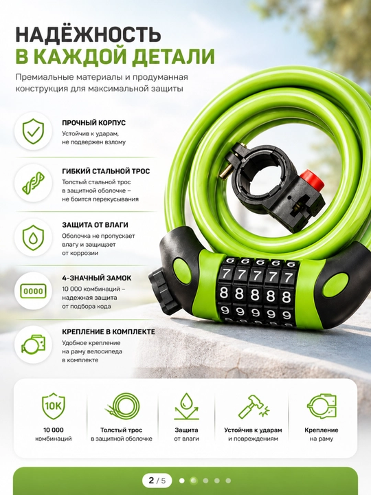 Velosiped qulfi kodli, 5 raqamli, spiral kabel va rama ushlagichi bilan