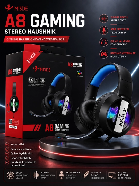 A8 gaming stereo naushnik rgb led mikrofonli simli quloqchin kompyuter va telefon uchun - 