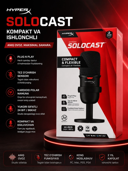 Hyperx solocast usb kondensator mikrofon streaming podcast gaming va yozuv uchun - 